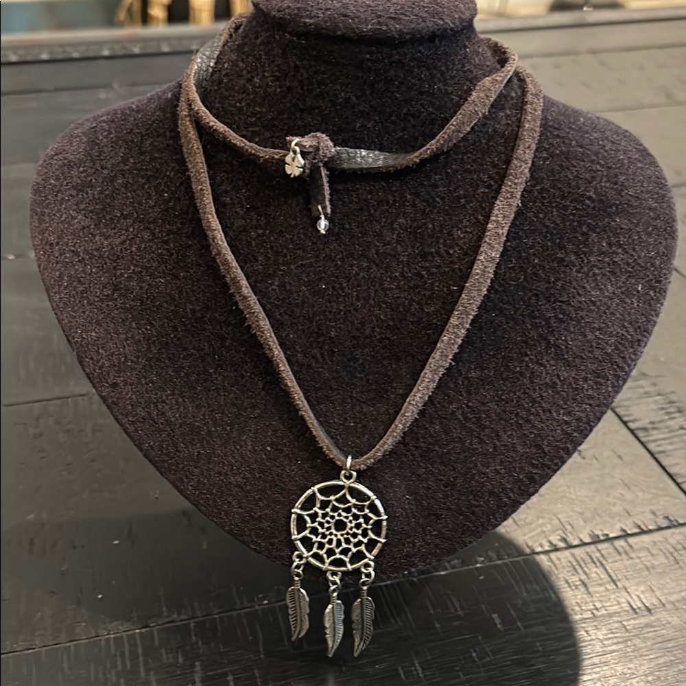 Lucky Brand Leather Dreamcatcher Pendant Necklace in Silver and Brown